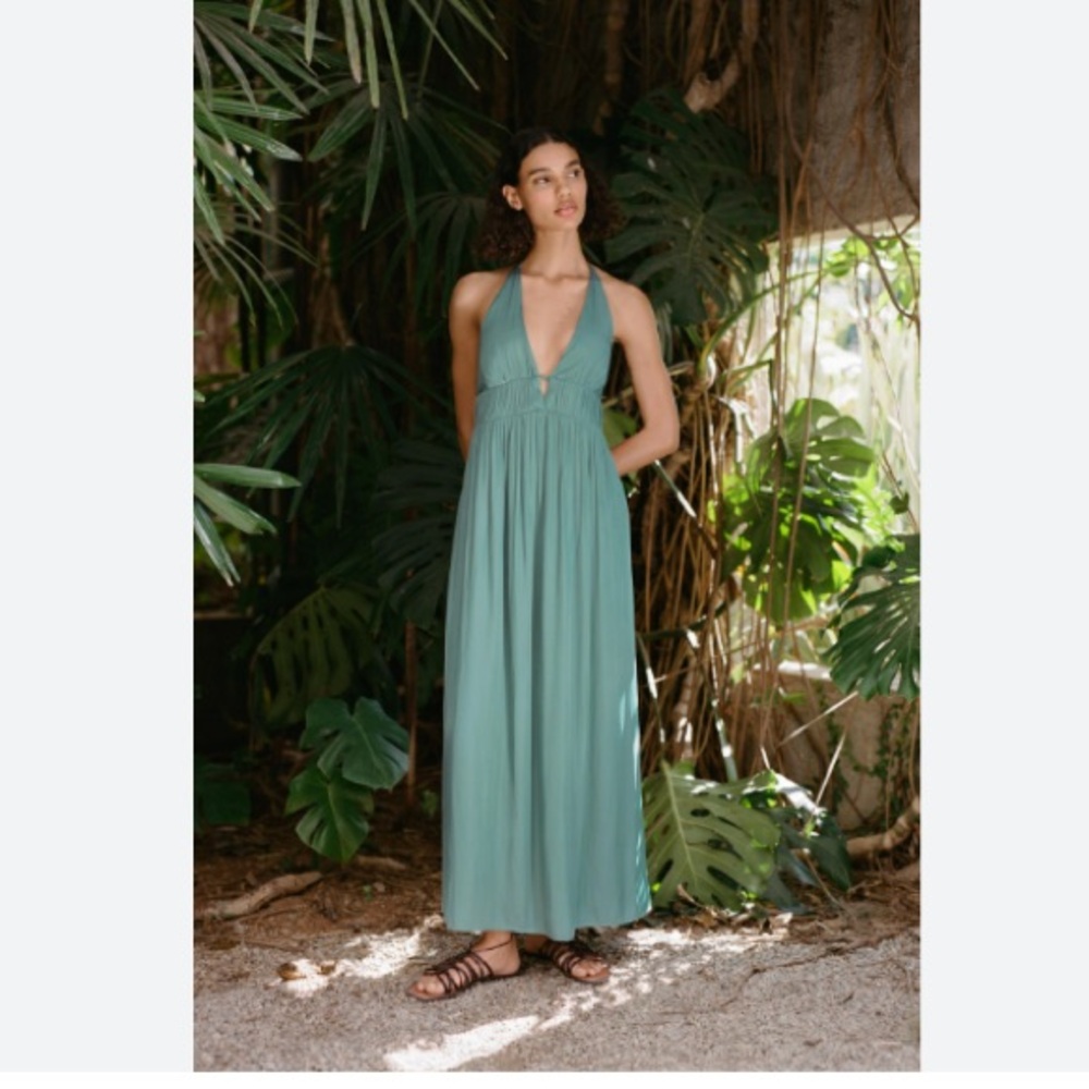 Zara Green Plunge Neck Dress with Braided Straps